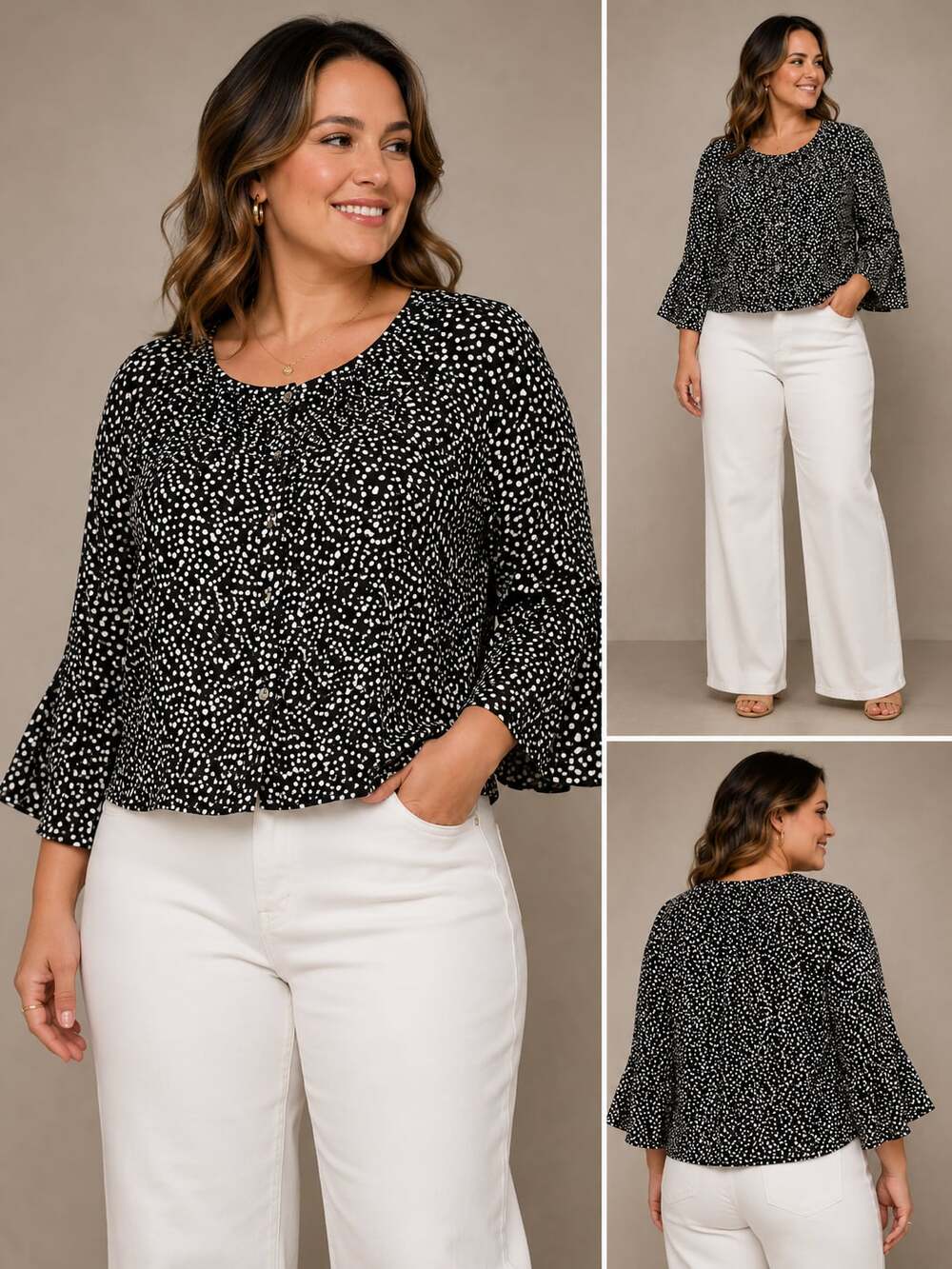 Roz & Ali Women's Petite XL Polka Dot Button-Front Ruffle Sleeve Blouse
M-76